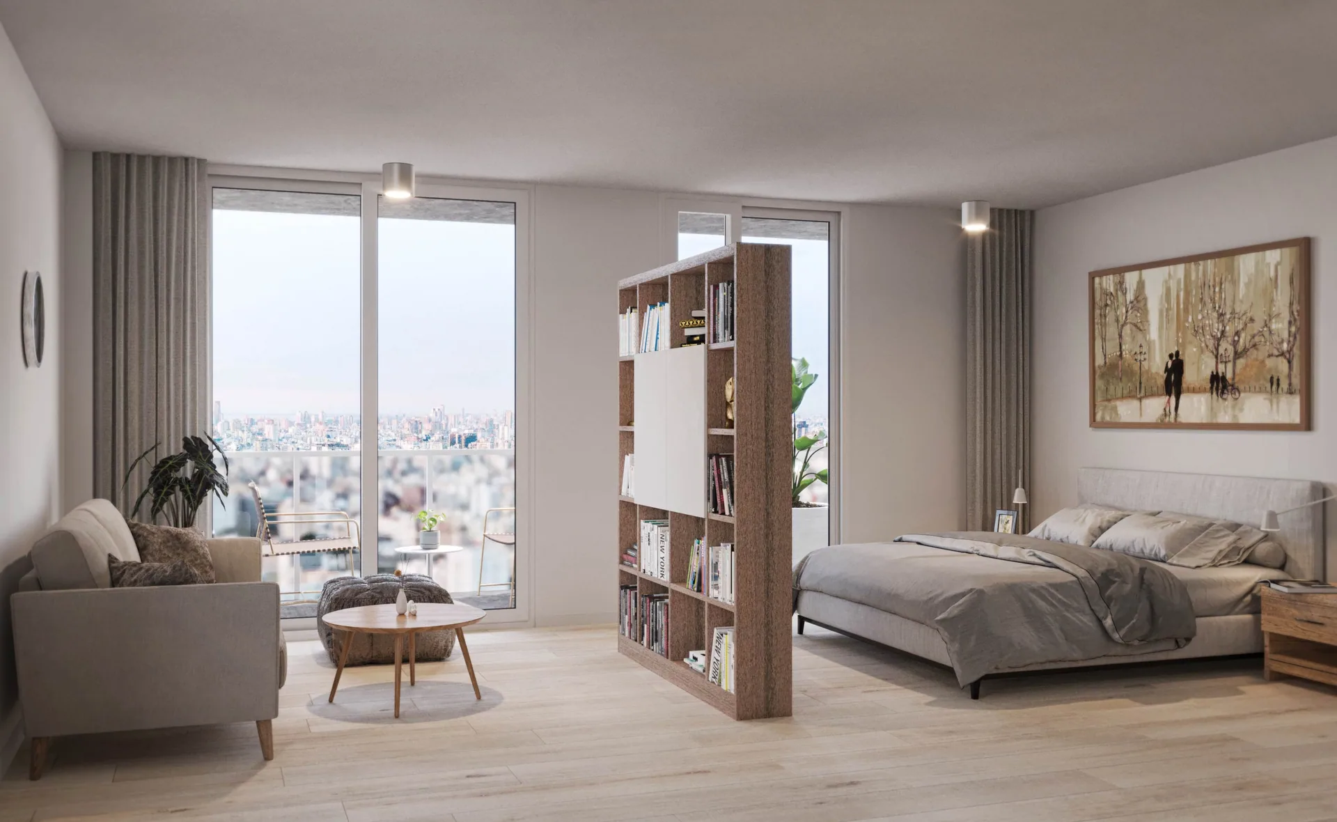Interior de una unidad de Smart Point Villa Urquiza con ventanal de piso a techo y vista a la ciudad