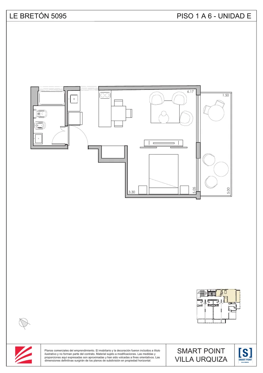 Plano del monoambiente divisible de Smart Point Villa Urquiza